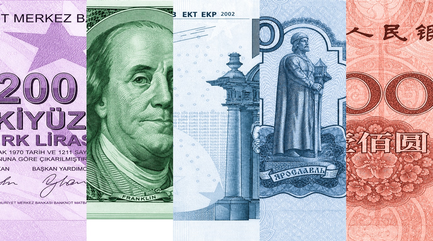 Beş para biriminden tek banknot görünümü